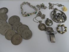 Collection of Silver Costume Jewellery and Coins including five 1974 Liberty dollars, 1845 Silver