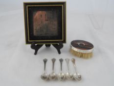 A Misc. collection of silver including a Birmingham hallmarked, tortoiseshell vanity brush, five