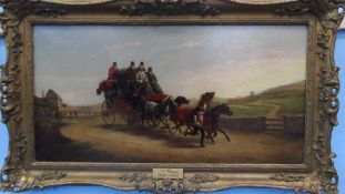 JOHN CHARLES MAGGS (BRITISH 1819-1896 ), TWO OILS ON CANVAS `MAIL COACH INTERCEPTED BY THE HUNT`, 67