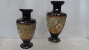 A PAIR OF DOULTON LAMBETH `SLATERS PATENT` STONE WARE VASES, DECORATED WITH A CENTRAL BAND OF FLORAL