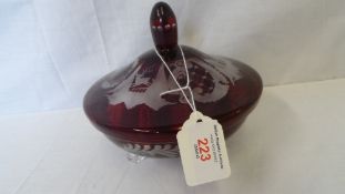 A RUBY ENGRAVED AUSTRIAN GLASS LIDDED BOWL, APPROX. DIAMETER OF BOWL 15 cms