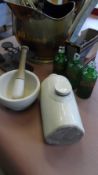 A COLLECTION OF MISC. ITEMS INCL. BRASS COAL SCUTTLE, FIRE IRONS, VINTAGE LETTER SCALES WITH