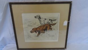 GEORGE VERNON STOKES `SETTERS ON A MOOR`, HAND COLOURED ETCHING, SIGNED IN THE PLATE, ALSO SIGNED IN