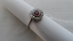 A LADY`S RUBY( 5 X 4 mm ) AND DIAMOND 10 X 9 pt OLD CUT APPROX. 60 pts PLATINUM ENGAGEMENT RING,