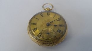 AN ANTIQUE SHEFFIELD HALLMARKED SOLID GOLD 18ct POCKET WATCH, WITH FUSEE MOVEMENT, THE BACK WATCH