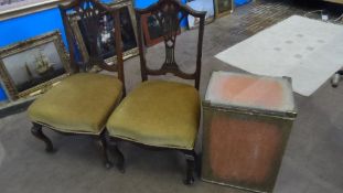 A COLLECTION OF MISC. FURNITURE INCL A LLOYD LOOM STYLE LAUNDRY BASKET, TWO MAHOGANY CHIPPENDALE