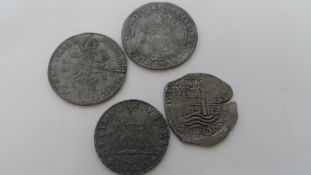 A COLLECTION OF FOUR MISC. ANTIQUE SILVER METAL SPANISH HAMMERED COINS INCL. PHILIP V D HISPAN S