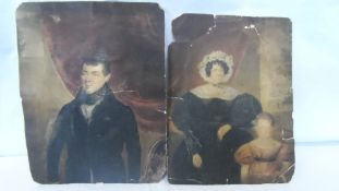 TWO ANTIQUE WATER COLOUR PORTRAITS, ONE DEPICTING A DICKENSIAN GENT, THE OTHER A MOTHER AND CHILD,