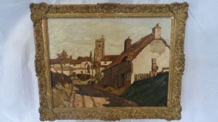 R AITKEN (BRITISH) 20th CENTURY ORIGINAL OIL ON BOARD `VILLAGE SCENE` SIGNED BOTTOM LEFT, 45 X 33