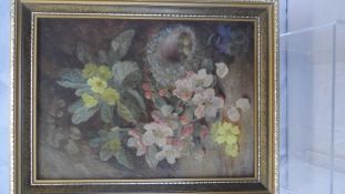 VINCENT CLARE (BRITISH) 1855-1930, ORIGINAL OIL ON BOARD ` PRIMROSE & BIRDSNEST`, 20 X 30 cms.