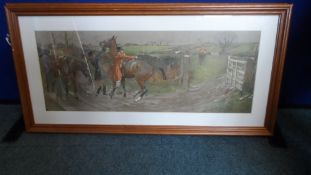 A SET OF FOUR FRAMED AND GLAZED LIONEL EDWARDS HUNTING PRINTS, APPROX. 68 X 26 cms (4)
