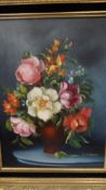 O. DE SIMONE (FRENCH) OIL ON CANVAS, FLORAL STILL LIFE 29 X 38.5 cms, ORNATE VELVET LINED GILT