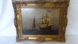 A MODERN OIL ON BOARD STYLE PICTURE OF A FRENCH GALLEON,APPROX. 34 X 29 cms