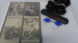 A PAIR OF BLUE TINTED STEEL RIMMED LUNETTES, A PAIR OF VINTAGE OPERA GLASSES WITH CHROME EYE