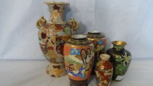 A PAIR OF JAPANESE SATSUMA VASES DEPICTING A MYTHICAL CREATURE 16 cms, TWO SATSUMA VASES ONE