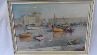 ROY STRINGFELLOW (BRITISH) 1921 - PRESENT, ORIGINAL PASTEL `HARBOUR SCENE` 50 X 34 cms.