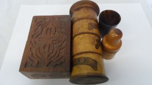 A COLLECTION OF MISC. TREEN WARE INCL. FOUR SECTION SPICE PILLAR 19 cms TALL, MEDICINE BOTTLE IN