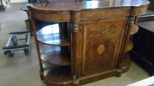 AN ANTIQUE WALNUT OPEN ENDED CREDENZA, THE CREDENZA HAVING FINE INLAY TO DOORS AND A TOP FRIEZE WITH