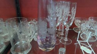A MISC. COLLECTION OF CUT GLASS INCLUDING A BISCUIT BARREL, WATER JUGS, ROYAL DOULTON FUSHIA
