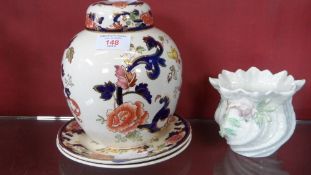 A MASONS MANDALAY GINGER JAR AND LID 18 cms TOGETHER WITH TWO TEA PLATES AND A BELLEEK GREEN STAMPED