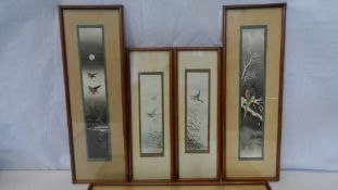 A MISC. COLLECTION OF FIVE ORIENTAL HAND PAINTED SCENES DEPICTING BIRDS AND COUNTRY SCENES, ALL WITH