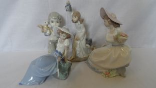 FOUR NAO PORCELAIN FIGURES INCLUDING A ` GIRL IN NIGHTDRESS`, A GIRL SEATED WEARING A HAT`, `A