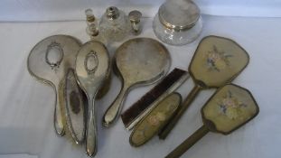 A BOX OF MISCELLANEOUS ITEMS INCLUDING A BIRMINGHAM HALLMARKED COTTON WOOL JAR, VARIOUS HAIRBRUSHES,