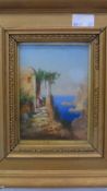 AN ORIGINAL GILT FRAMED OIL ON BOARD ENTITLED " CAPRI " SIGNED A CHENIBIRI, APPROX. 18 X 14 cms,