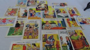 A BOX OF MISC. POSTCARDS MAINLY SAUCY AND COMICAL TOGETHER WITH SOME BLACK AND WHITE COMMEMORATIVE