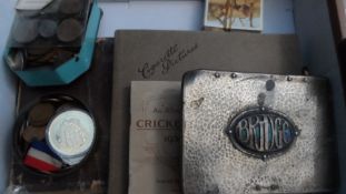 A COLLECTION OF MISC. ITEMS INCL. ARTS AND CRAFTS PEWTER BRIDGE BOX BY CAMBRAY, MISC. CIGARETTE