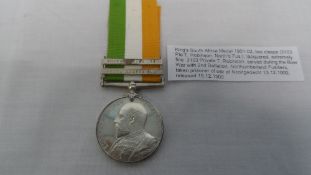 KING`S SOUTH AFRICA MEDAL 1901-02, TWO CLASPS (3103 Pte T.ROBINSON NORTH`D FUS), LACQUERED,