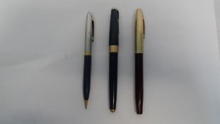 THREE MISC. VINTAGE PENS INCL. A PARKER DUOFOLD, A SHAEFFER WITH A 14K GOLD NIB, A SHAEFFER