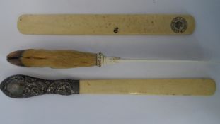 THREE IVORY LETTER OPENERS - ONE WITH KYNOCH LTD STAMP, ONE WITH SILVER HALLMARKED HANDLE AND THE