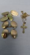 TWO PAIRS OF GENTS 9ct GOLD ( ONE BEING ENGINE TURNED ) CUFF LINKS, TOGETHER WITH A 9ct GOLD CROSS