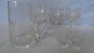 A COLLECTION OF MISC. ENGRAVED GLASS DECORATED WITH GRAPES AND VINES INCL. ONE RUMMER, THREE SHERRY,