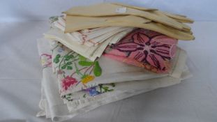 A MISC. COLLECTION OF HAND EMBROIDERED TABLE LINEN TOGETHER WITH A PAIR OF GENT`S DOE SKIN GLOVES