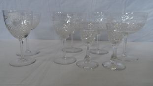 A COLLECTION OF MISC. EDWARDIAN CUT GLASS INCL. TEN CHAMPAGNE GLASSES, FOUR LIQUOR, SEVEN SHERRY,