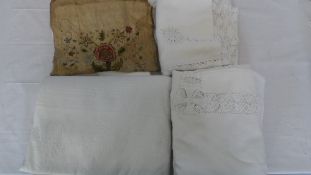 A COLLECTION OF MISC. VICTORIAN LACE AND OTHER TABLE CLOTHS TOGETHER WITH AN ANTIQUE HAND WOVEN