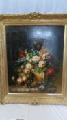 A REPRODUCTION STILL LIFE PAINTING OF FLOWERS ON PANEL, SIGNED SUZZANIE IN GILT FRAME, APPROX. 62