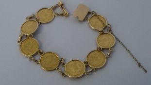 A MIDDLE EASTERN COIN BRACELET SET WITH EIGHT 22 CT GOLD COINS, THE BRACELET TESTED 18 CT GOLD, NO