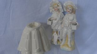 A COLLECTION OF MISC. PORCELAIN INCL. A PAIR OF VICTORIAN FAIRINGS DEPICTING FLOWER GIRLS AND A