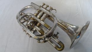 A SILVER PLATED CIRCA EARLY 20th CENTURY BOOSEY `SOLBRON` CORNET CLASS A REG 118247.