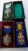 A GROUP OF THREE SILVER HALLMARKED GILT MASONIC JEWELS - THE FIRST RELATING TO A FOUNDING MEMBER