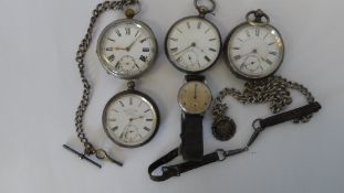 A MISC. COLLECTION OF POCKET WATCHES INCL. THREE SILVER, ONE STAINLESS STEEL ON TWO FOB CHAINS
