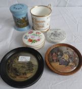 A MISC. COLLECTION OF PORCELAIN AND POTTERY PRATT WARE POTS AND LIDS INCL. ENTRANCE TO DARTMOUTH