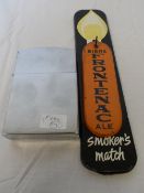 A LARGE ALUMINIUM ZIPPO LIGHTER 17 X 11 X 4 CM TOGETHER WITH A FRENCH BIERE FRONTENAC ALE KEY HOOK