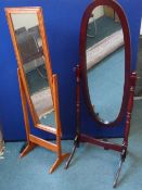 TWO MODERN CHEVAL MIRRORS - ONE BEING STAG STYLE TOGETHER WITH A TORCHERE AND A WOODEN STANDARD LAMP