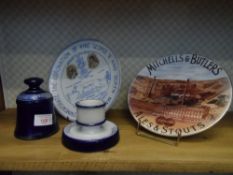 A BURSLEM APOLLINARIS ASHTRAY AND BLUE GLAZED ROYAL DOULTON POTTERY BAR BELL SCHWEPPES TABLE