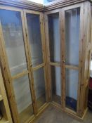 TWO GLASS FRONTED PINE DISPLAY CABINETS WITH SHELVES APPROX 78".