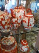 A PART HAND PAINTED JAPANESE TEA SET INCL. TEAPOT, WATER JUG, SUGAR BOWL, EIGHT CUPS AND SAUCERS,